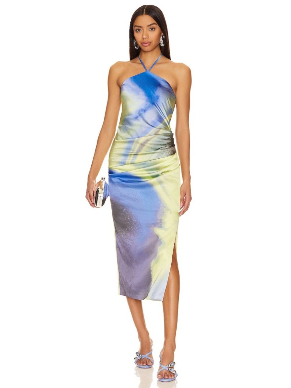 NWT SIMKHAI Hansel Halterneck Dress Size 4 Blue Yellow Satin Midi